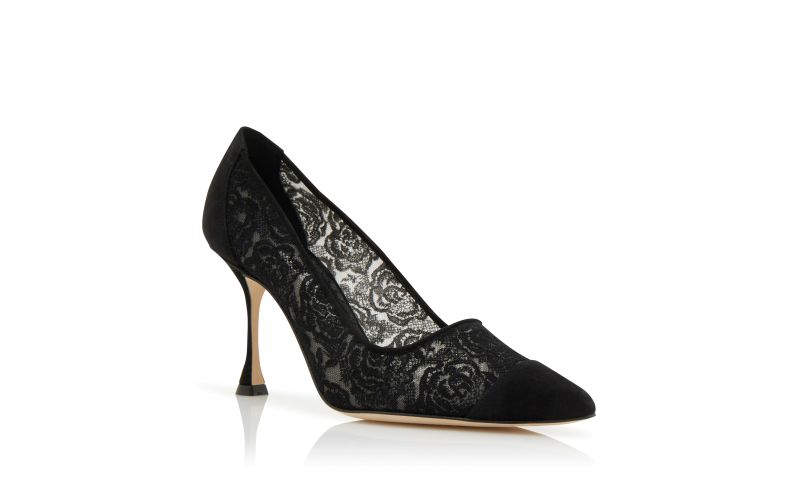 Sololaria, Black Lace Pointed Toe Pumps - US$895.00