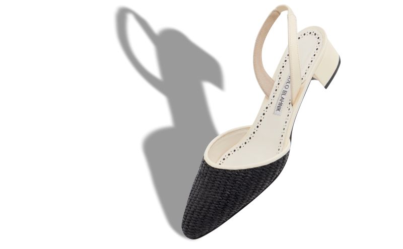 Raffro, Cream and Black Raffia Slingback Pumps - US$745.00