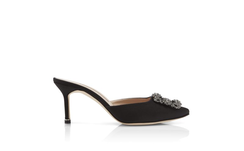 Side view of Hangisimu, Black Satin Jewel Buckle Mules - £845.00