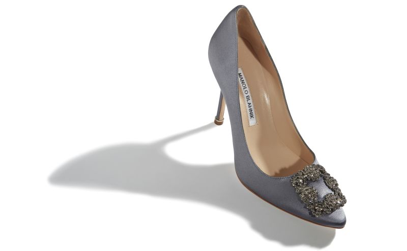 Designer Grey Satin Jewel Buckle Pumps