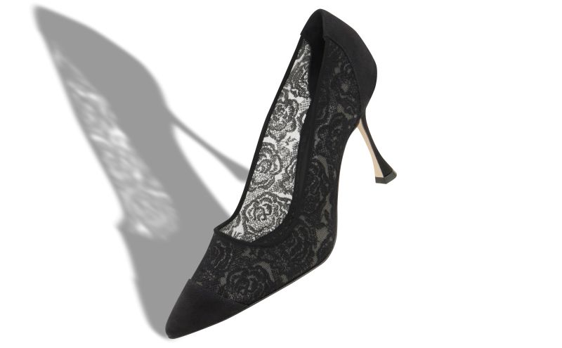 Sololaria, Black Lace Pointed Toe Pumps - US$537.00