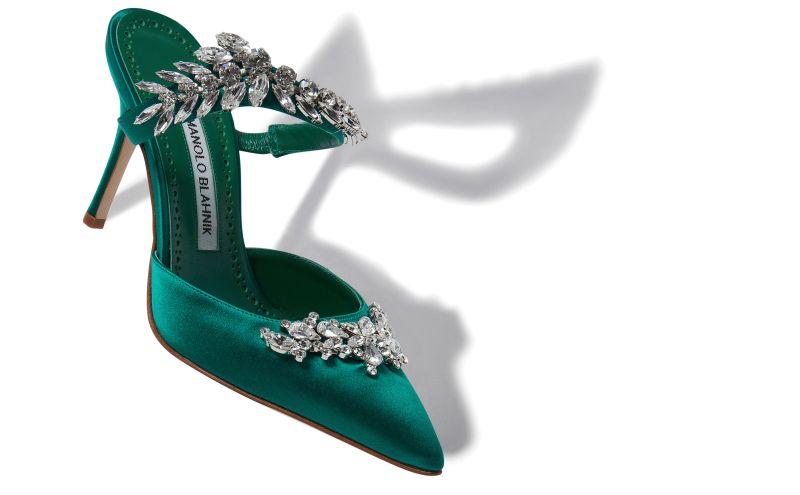 Designer Green Satin Crystal Embellished Mules