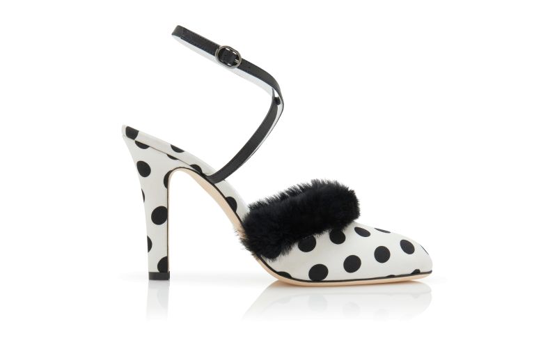 Side view of Mali, Monochrome Crepe De Chine Polka Dot Pumps - £745.00