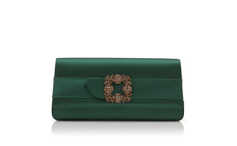 Side view of Designer Dark Green Satin Jewel Buckle Clutch