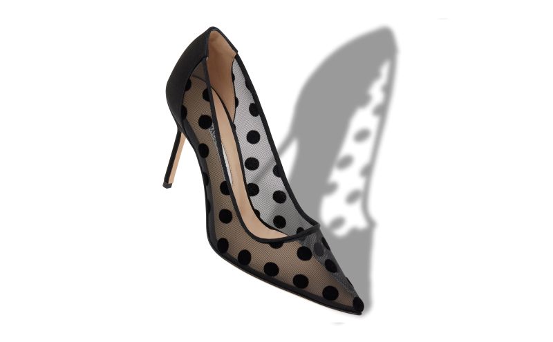 Designer Black Mesh Polka Dot Pointed Toe Pumps