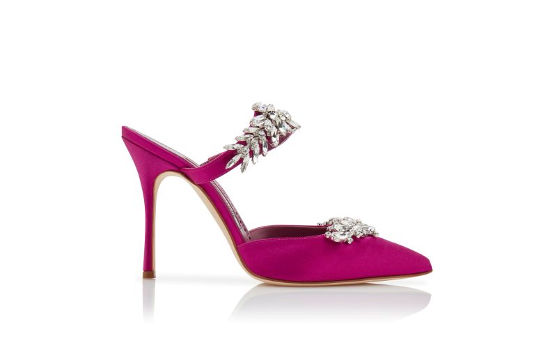 Side view of Lurum 105, Fuchsia Satin Crystal Embellished Mules - €1,195.00