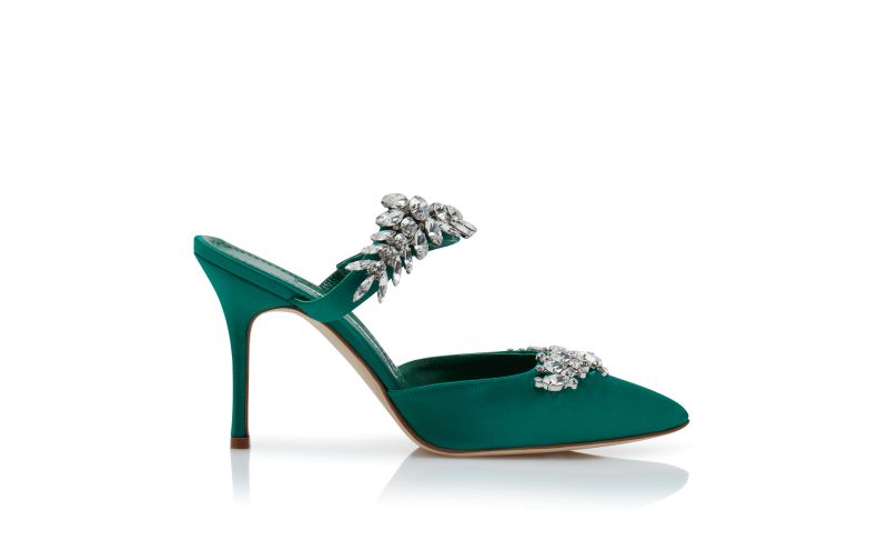Side view of Lurum, Green Satin Crystal Embellished Mules - AU$2,425.00