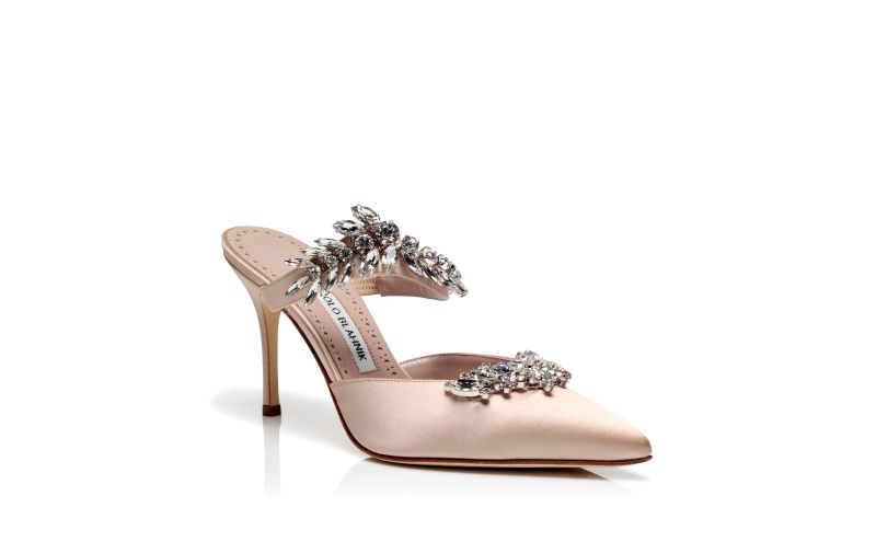 Lurum, Light Beige Satin Crystal Embellished Mules - US$1,395.00