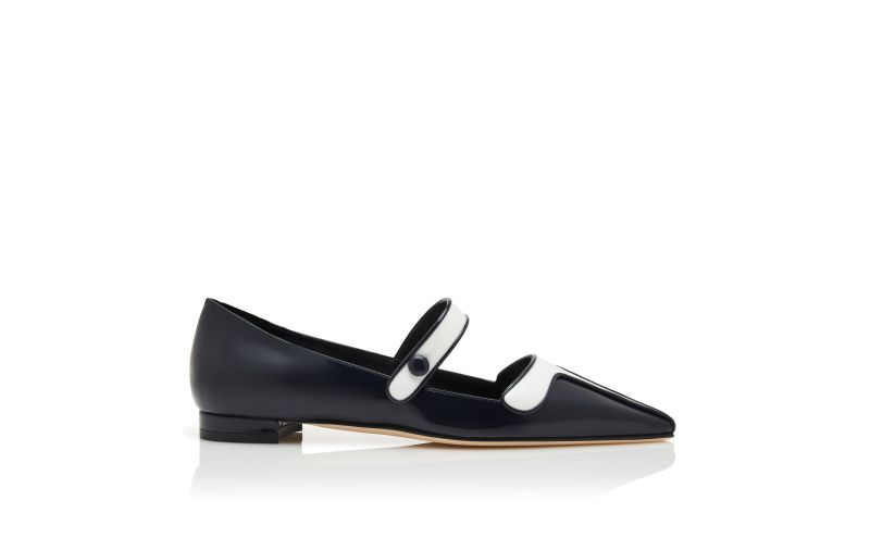 Side view of Ganeusflat, Navy Blue and White Patent Leather Mary Jane Flat Pumps - US$1,025.00