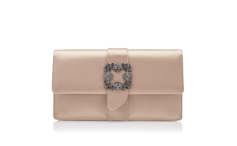 Side view of Capri, Beige Satin Jewel Buckle Clutch - US$1,695.00