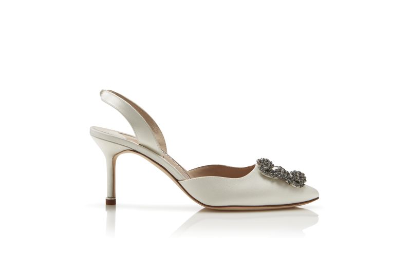 Side view of Hangisli, White Satin Jewel Buckle Slingback Pumps - US$1,195.00