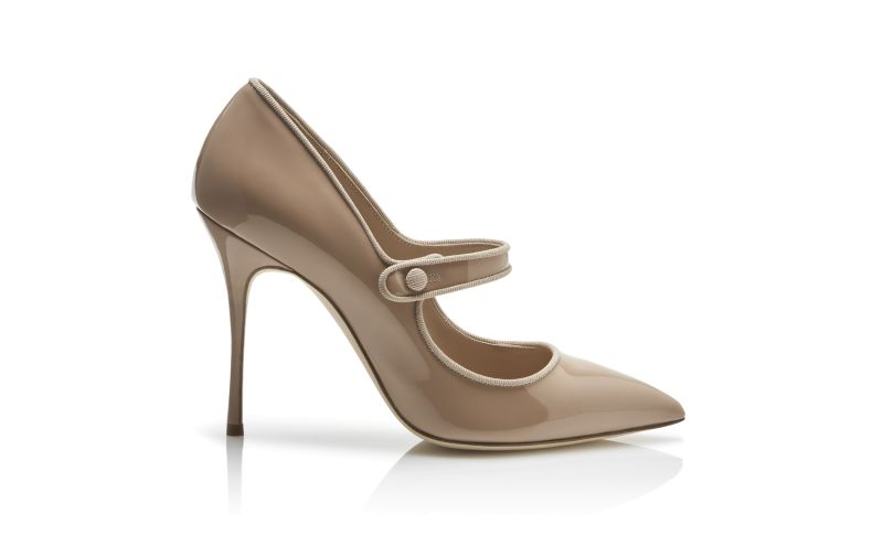 Side view of Designer Cool Beige Patent Leather Pointed Toe Pumps