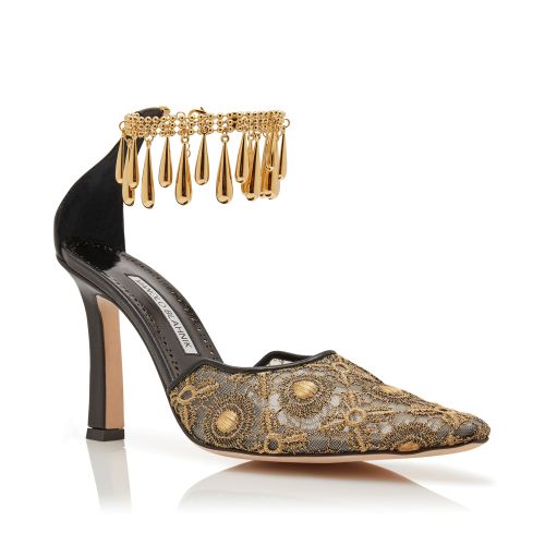 Black and Gold Lace Embellished Pumps