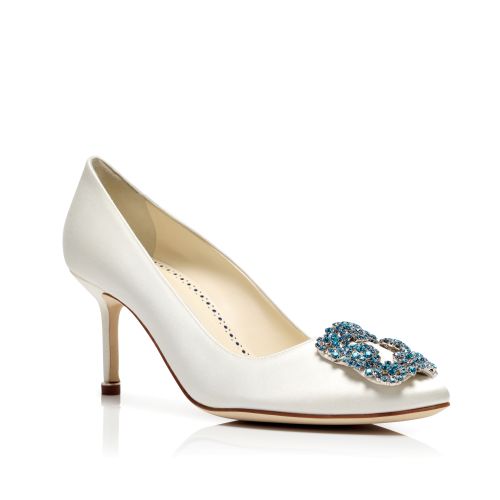 White Satin Jewel Buckle Pumps