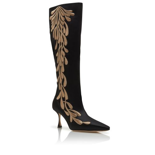 Black and Gold Satin Knee High Boots