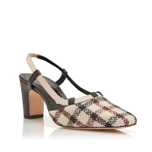 Light Beige Wool Tartan Slingback Pumps