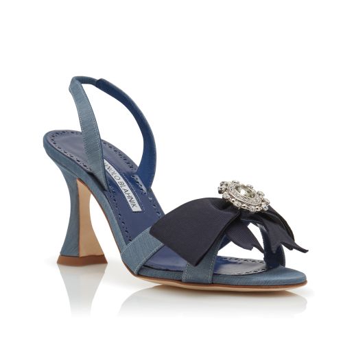 Blue Silk Bow Detail Slingback Sandals