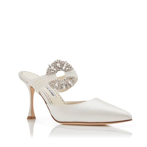 Cream Satin Embellished Buckle Mules