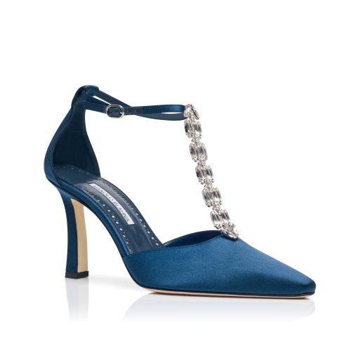 Navy Blue Satin Embellished Pumps