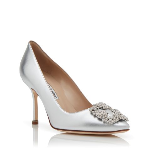 Silver Nappa Leather Jewel Buckle Pumps