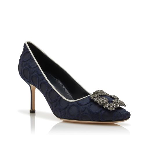 Navy Blue Silk Jewel Buckle Pumps