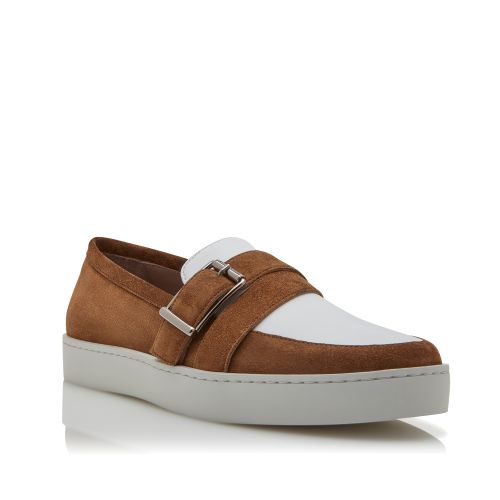 Brown and White Suede Slip-On Loafers 