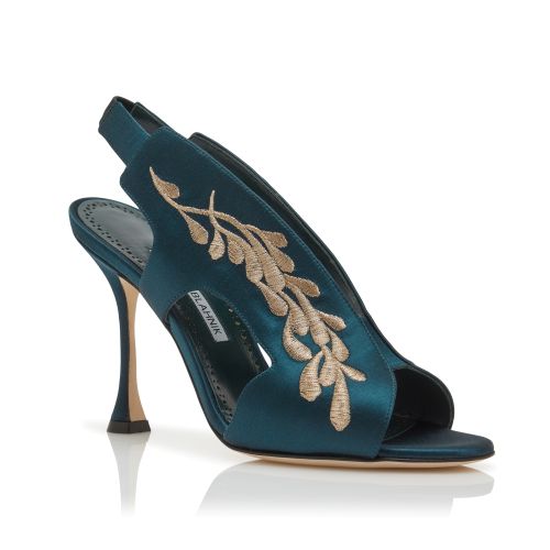 Navy Blue and Gold Satin Slingback Sandals