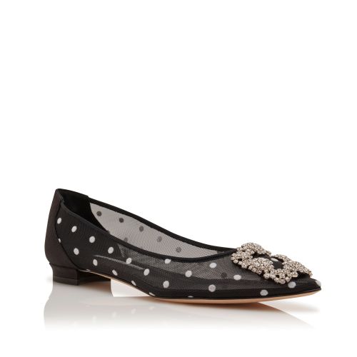 Black and White Mesh Jewel Buckle Flat Pumps