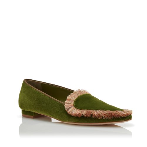 Green Velvet Fringe Detail Loafers
