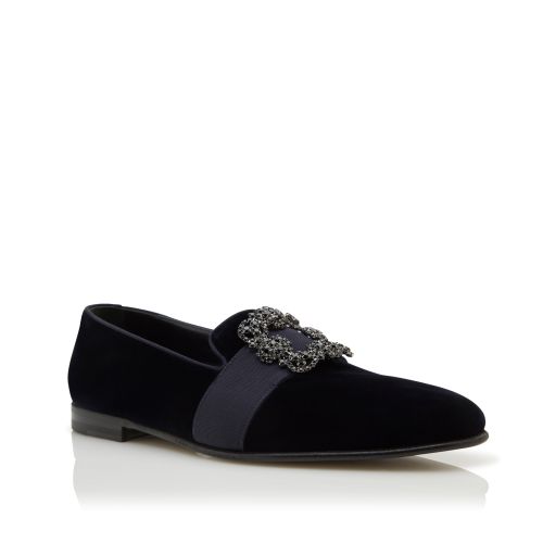 Dark Blue Velvet Jewelled Buckle Loafers