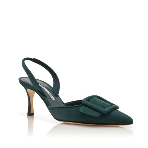 Dark Green Suede Buckle Detail Slingback Pumps