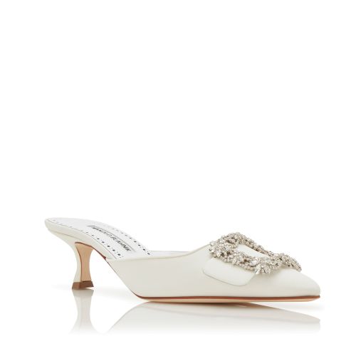 White Crepe de Chine Jewel Buckle Mules