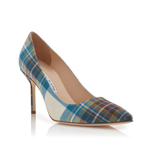 Blue Wool Tartan Pointed Toe Pumps