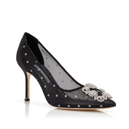 Black and White Mesh Jewel Buckle Pumps