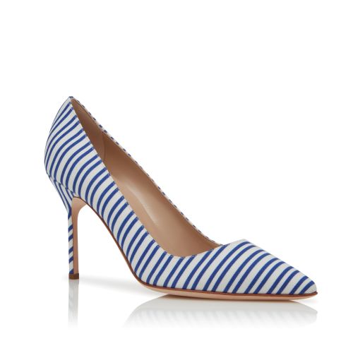 Blue Cotton Striped Pointed Toe Pumps 