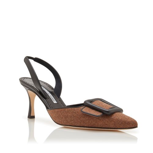 Brown and Black Wool Buckle Detail Slingback Pumps