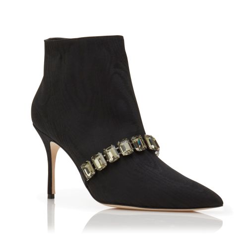 Black Moire Jewel Strap Ankle Boots