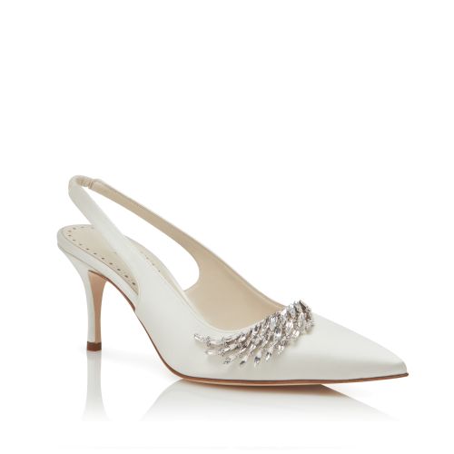 Cream Satin Jewel Embellished Slingback Pumps