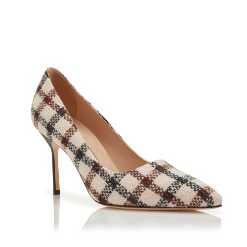 Light Beige Wool Tartan Pointed Toe Pumps