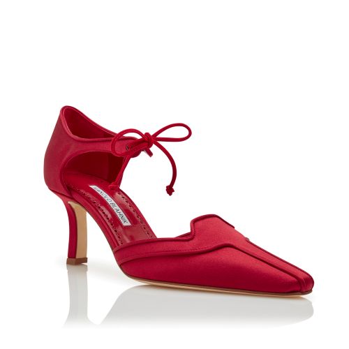 Red Satin Ankle Strap Pumps