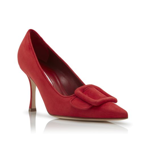 Bright Red Suede Buckle Detail Pumps
