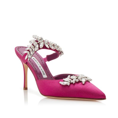 Fuchsia Satin Crystal Embellished Mules