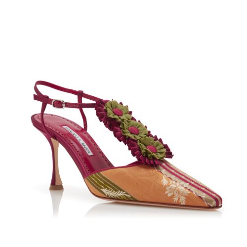 Red Silk Rosettes Detail T-Bar Pumps