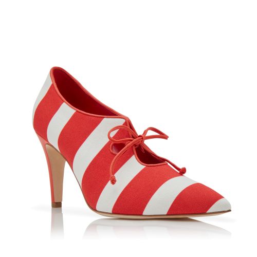 Red and White Cotton Lace-Up Pumps