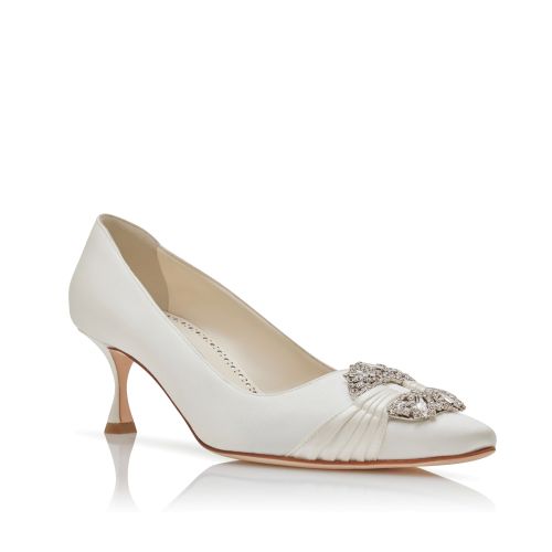 Cream Satin Embellished Buckle Pumps 