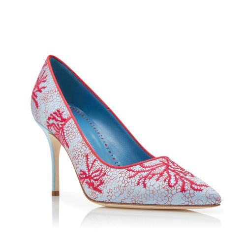 Light Blue and Red Satin Embroidered Pumps