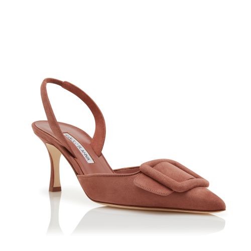 Brown Suede Buckle Detail Slingback Pumps