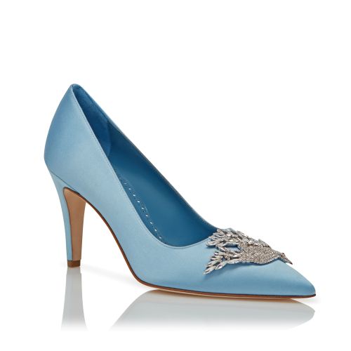 Light Blue Satin Jewel Embellished Pumps