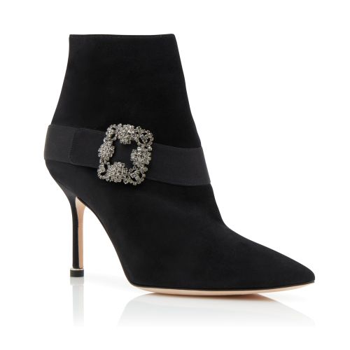 Black Suede Jewel Buckle Ankle Boots 
