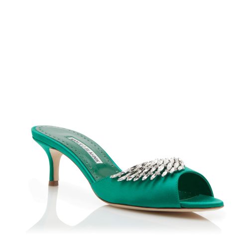 Green Satin Jewel Embellished Mules 